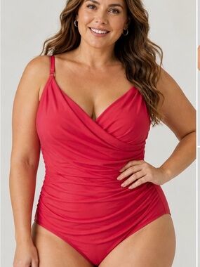 Jantzen Coral Faux Wrap One Piece Swimsuit Sz 14 Tummy Control Ruched